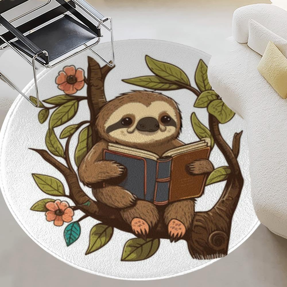 Round Rug 4ft Circle Area Rug Reading Sloth! This Sloth is Enjoying a Good Book Carpet Washable Small Round Rugs for Bedroom Aesthetic Bathroom Laundry Living Room Kitchen Outdoor, RT-666