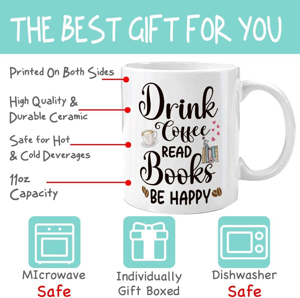 Book Lover Mug -Funny Bookish Gifts for Women, Book Club Gift, Librarian Reader Gift for Bookworms, Reading Themed Coffee Mugs - Drink Coffee Read Books Be Happy
