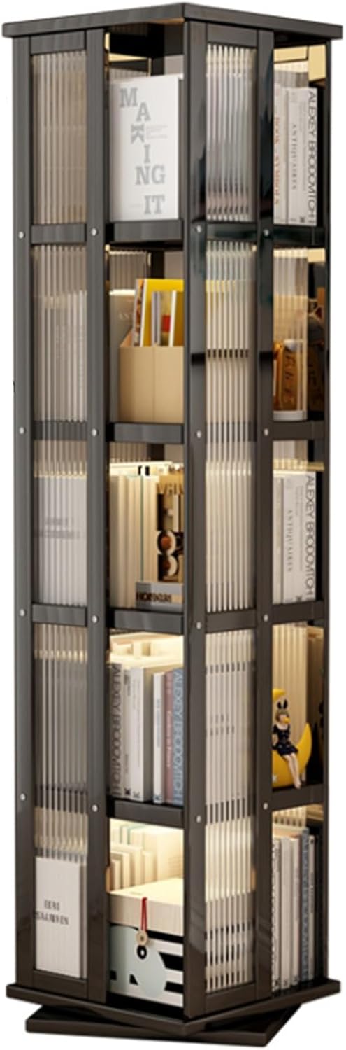 5/6 tier rotating bamboo bookshelf stackable corner bookshelf 360 rotating with storage acrylic small bookcase for small spaces Open Narrow Bookcase for Bedroom and Living Room, Study Room(Black,40*40