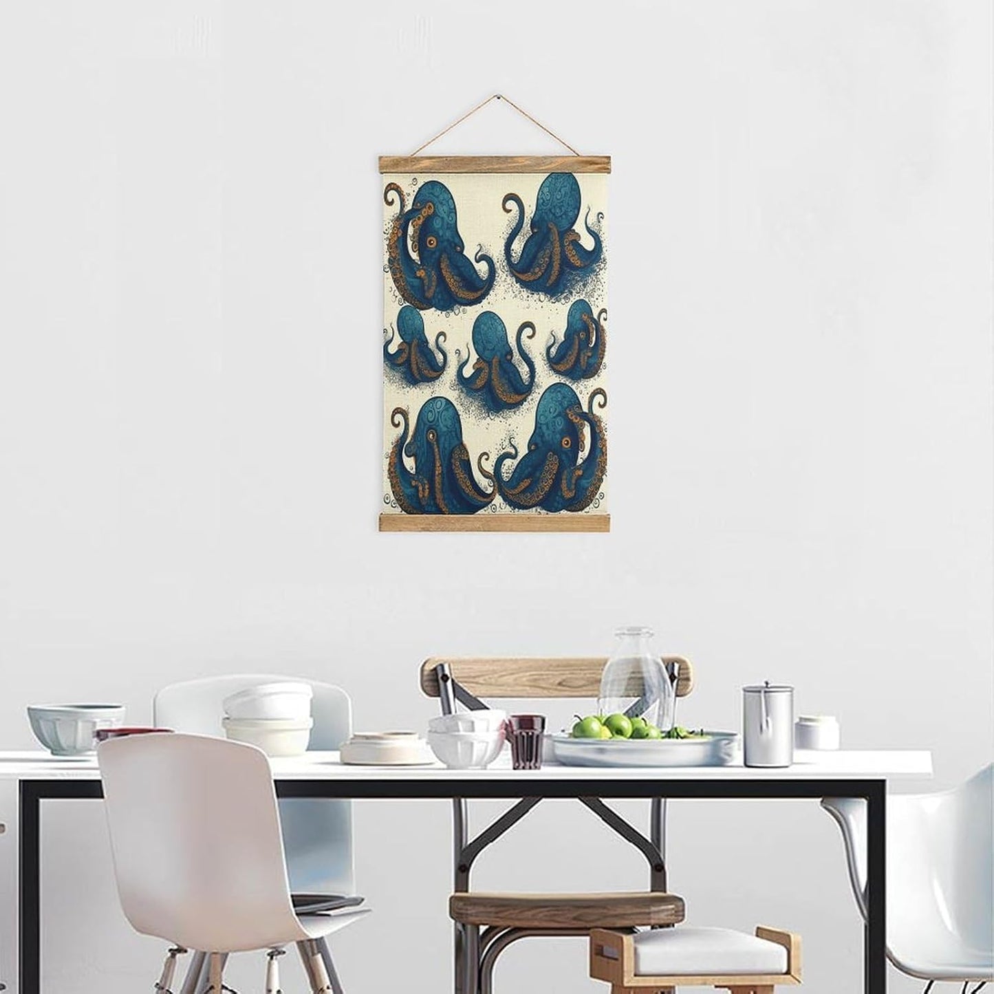 Vintage Tentacles Octopus Poster with Wooden Frame Personalized Linen Hanging Scroll Painting Rustic Wall Hanging Illustrative Modern Artwork Decor for Home Living Room Bedroom Office
