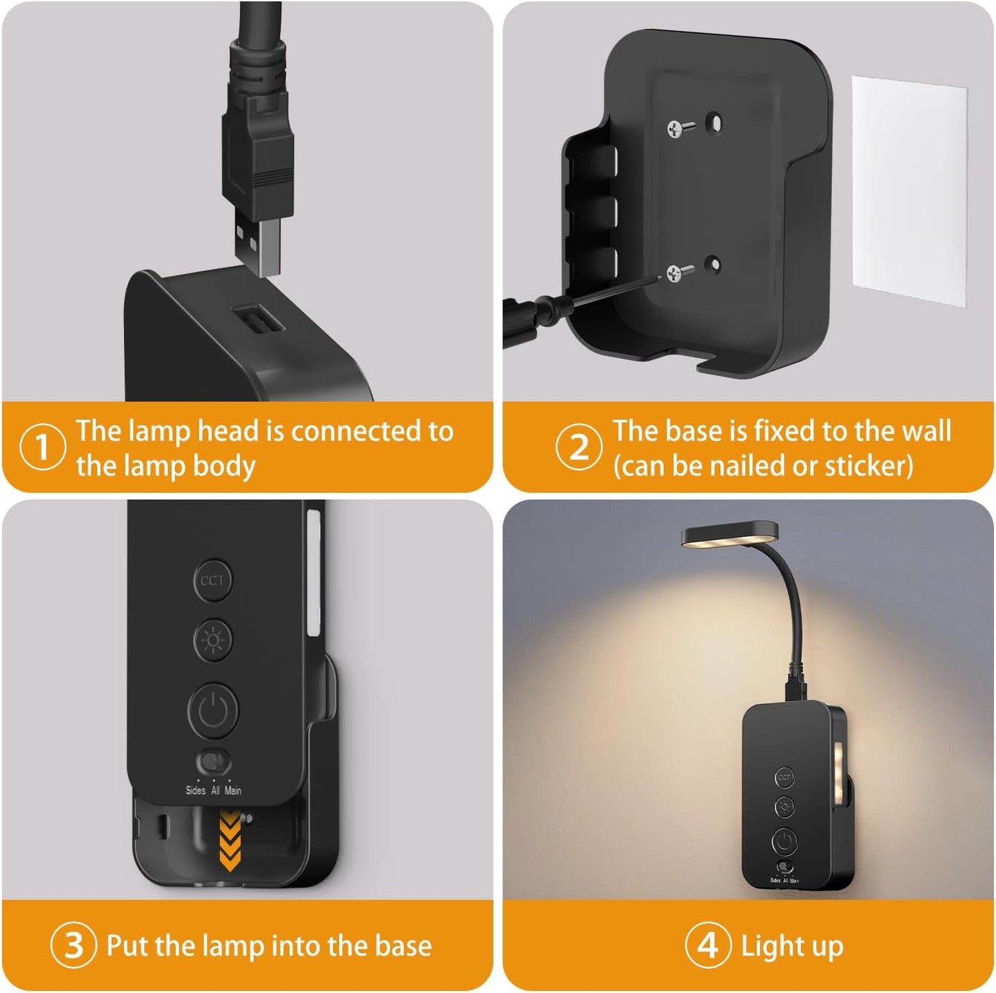 Ellasay Wall Mounted Reading Light: Dimmable LED Night Lights with Timer & Memory - Adjustable Gooseneck USB Powered - Easy Install for Kids Bedroom/Dorm Room/RV 2 Pack (Black)