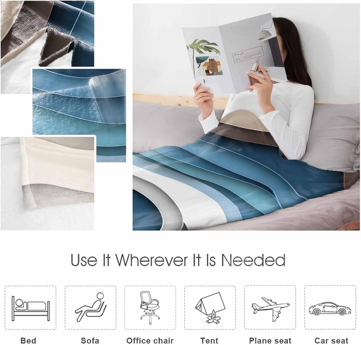 Abstract Blue Waves Throw Blankets Bedding, Ombre Brown Grey White Minimalist Flannel Fleece Microfiber Soft Blankets, Warm Bed Blanket Throws for Chair Sofa Couch Bedroom Camper 40x50 in