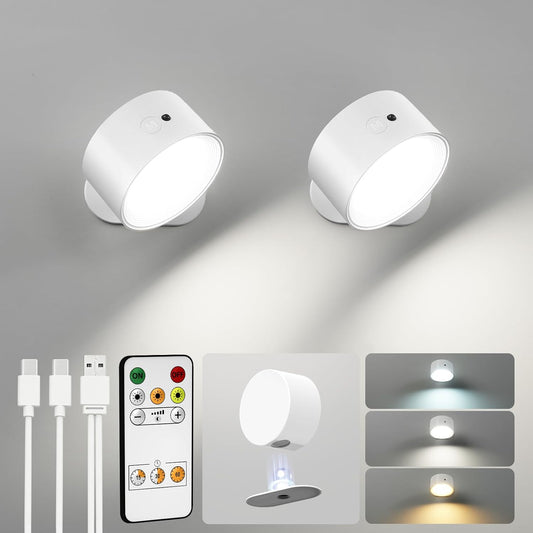 LED Wall Mounted Lights, Rechargeable Wall Sconces Lamp, 3 Color Temps & Remote and Touch, 360°Rotation Dimmable Cordless Wall Light for Study Bedroom Reading Bedside(White, 2 Pack)