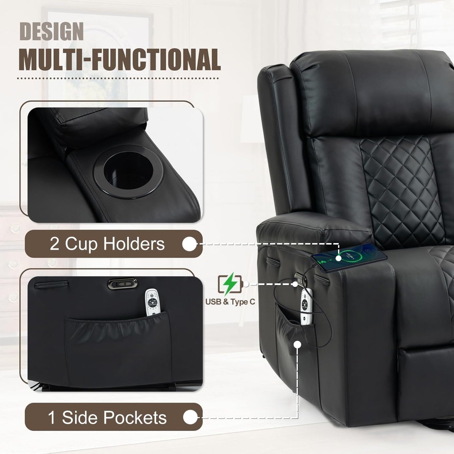 Electric Lift Recliner Chair for Seniors with Full-Body Vibration Massage, Heated Lumbar Support, PU Leather Sofa with Cup Holders Adjustable Footrest, Perfect for Living Room or Home Theater, Black