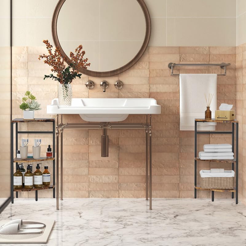 CADUKE Pedestal Sink Storage, 2 Pack Under Sink Organizer Shelf Bathroom Under Vanity Storage Shelf for Small Space, Bathroom Organizers Rack Stand 3 Tier Wooden Corner Shelves, Rustic Brown