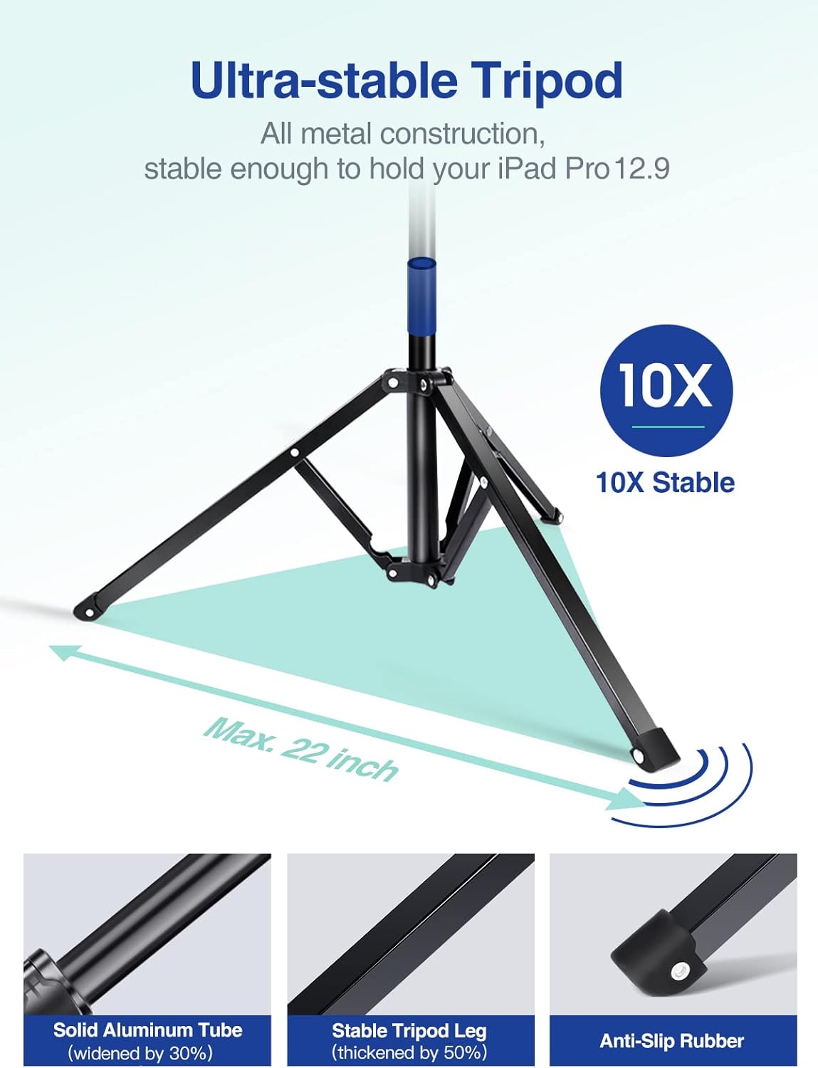 elitehood Aluminum iPad Stand Tripod, 65'' Adjustable Tablet Tripod Holder, 360 Degree Rotating iPad Holder Stand for Floor, Compatible with 4.7-13" Tablets and Phones
