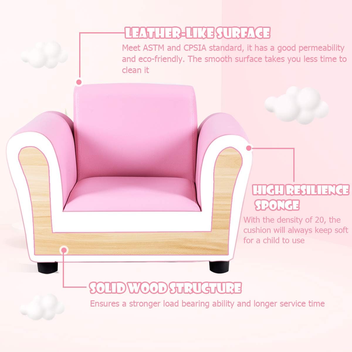 Costzon Kids Couch with Footstool, Children's Sofa with ASTM & CPSIA w/PU Leather Surface, Mini Armrest Chair Lounge, Soft Kids Sofa for Preschool Bedroom Kids Room Toddlers Boys Girls Birthday (Pink)