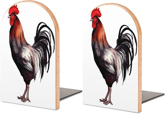 Rooster Bookends 1 Pair Heavy Duty Book Ends for Shelves Non-Skid Bookend Supports Wooden Book Holders with Metal Base Desk Organizers Books Storage to Hold Books