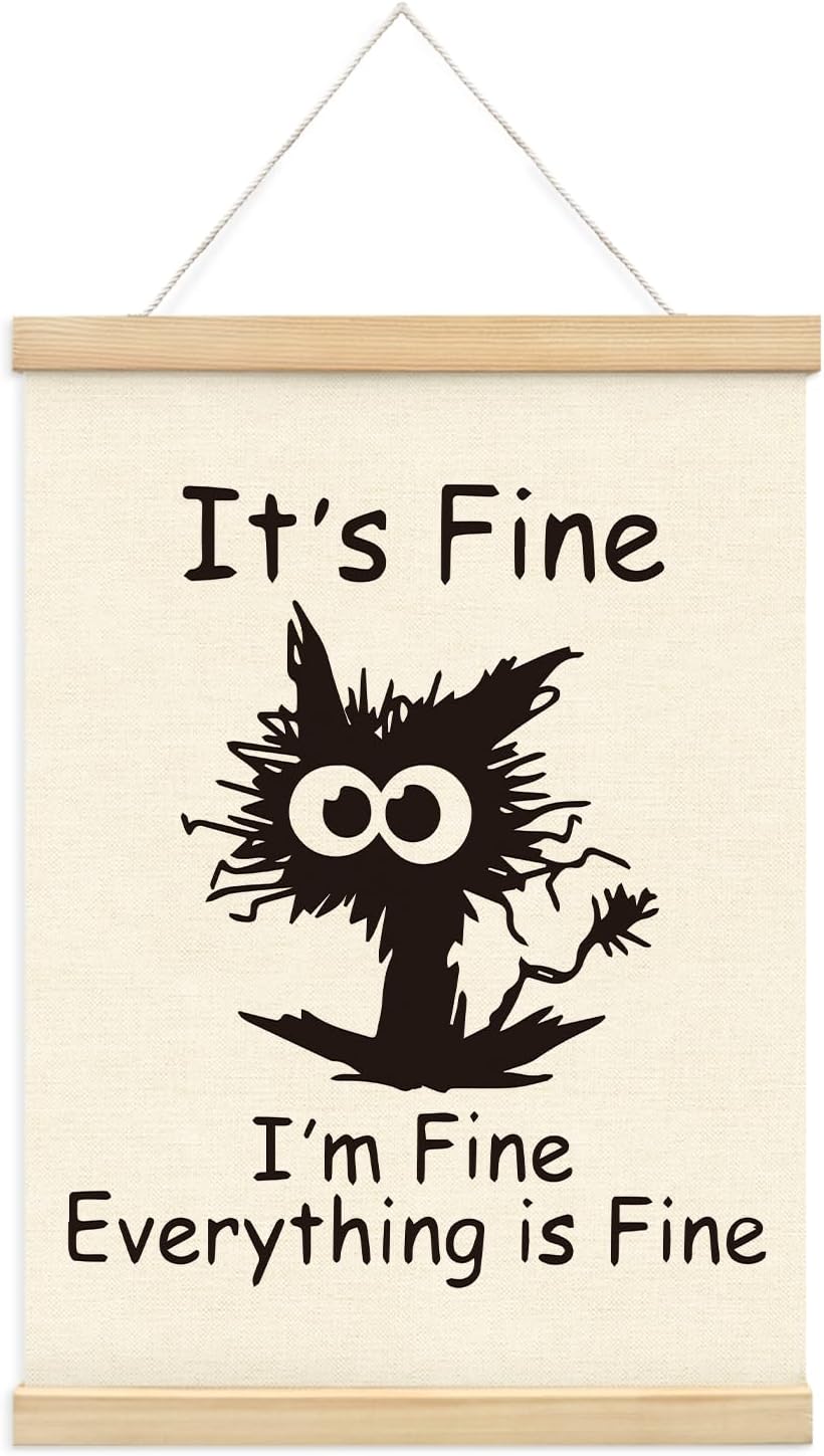 Mtrgdn Funny Office Wall Decor,I'm Fine Everything is Fine Poster Hanger Frame,Funny Black Cat Wall Hanging Decor for Office,12x16 Inch