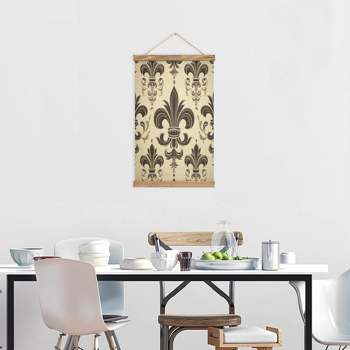 Vintage Fleur-de-Lis And Coat Arms Knight Poster with Wooden Frame Personalized Linen Hanging Scroll Painting Rustic Wall Hanging Illustrative Modern Artwork Decor for Home Living Room Bedroom Office