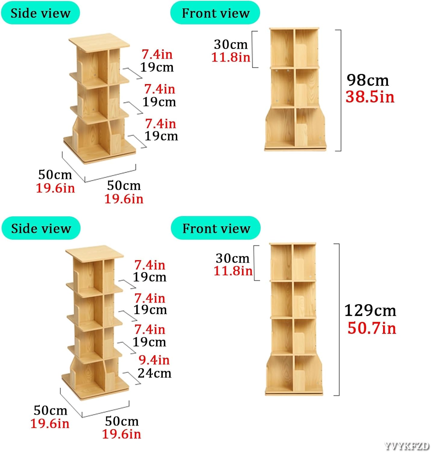 YVYKFZD Rotating Bookshelf Tower, Floor Standing Bookcase, 360 Display Storage Rack, Wood Open Narrow Book Shelf Organizer, for Small Space, Bedroom, Study Room(3 Tier 19.6"x19.6"x38.5")