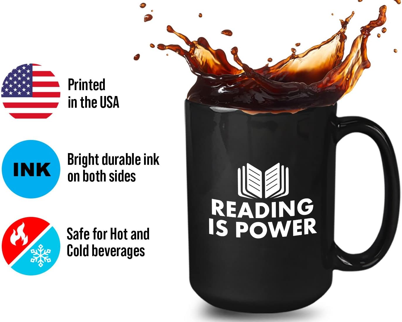 Book Lover Coffee Mug 15oz Black - Reading is power - Literary librarian Literature Bookworm Historian Public Library Curator Bibliophile Bibliolater