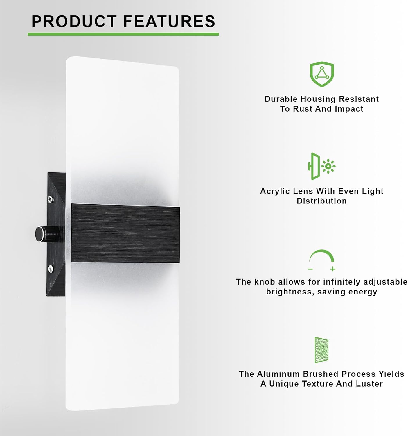 Lightess Indoor Wall Sconce with Switch 12W LED Modern Wall Light, Acrylic Dimmable Wall Lamp, Black Wall Mounted Lighting Fixture for Bedroom Living Room Hallway, Warm White, 1 Pack