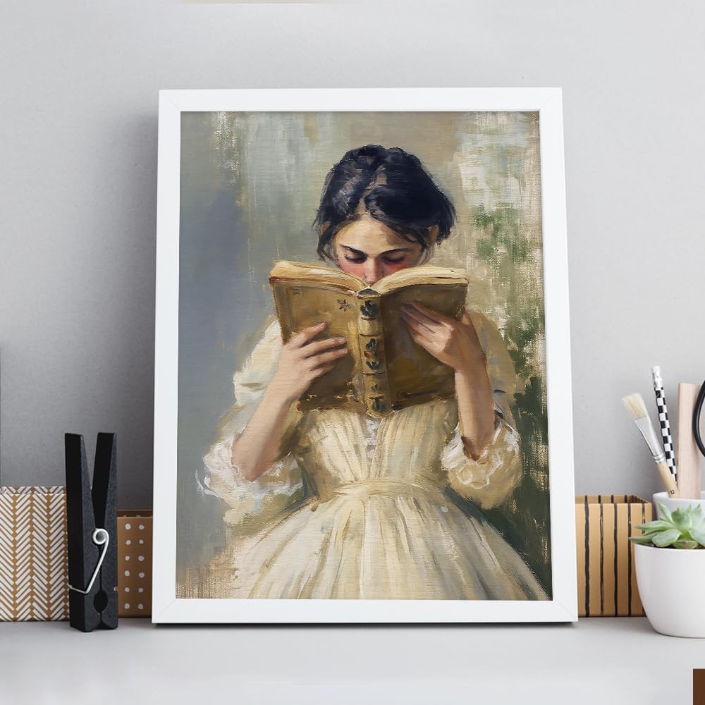 Heltrappe Victorian Bookish Women Portrait Oil Painting Aesthetic Reading Poster Vintage Woman Read Book Canvas Wall Art Rustic library Picture for Girls Bedroom Nursery 08x10in Unframed