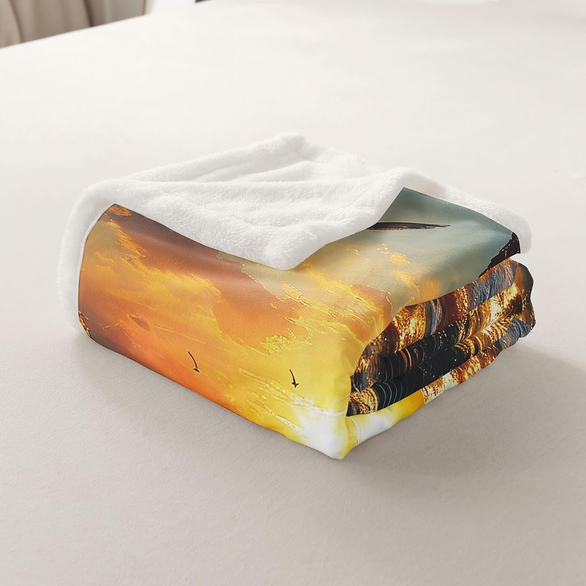 Castle Fairy 3D Mermaid Blanket Twin 60x80 Dreamy Sunset Landscape Blanket for Boys Girls Sea Mew Birds Sherpa Blanket Glitter Mermaid Tail Blanket Living Room Decor