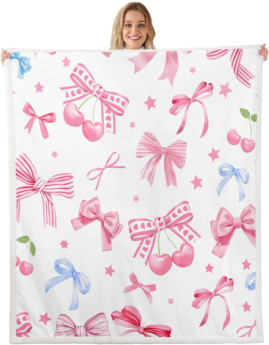 Manfei Bow Cherry Throw Blanket Pink Blue Bowknot Fleece Blanket, Cute Bow Tie Princess Cozy Throws for Bed Couch Sofa, Kids Girls Women Room Decor, Soft and Breathable(50 x 60 Inches)