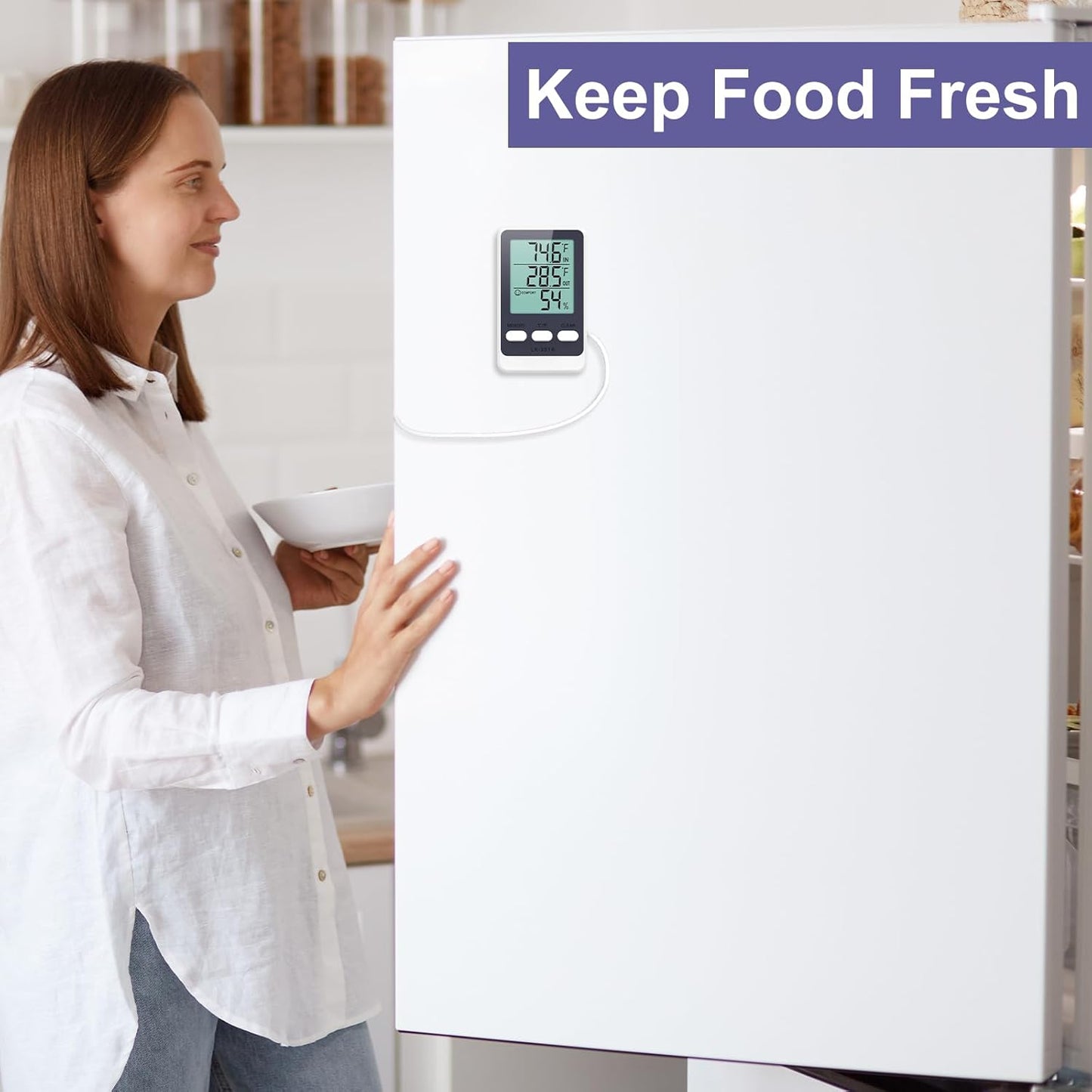 JXTZ Refrigerator Thermometer with External Sensor, LCD Display Indoor Temperature and Humidity Gauge, Fridge and Freezer Thermometer, Max/Min Temperature in 24H, for Aquarium, Refrigerator, Freezer