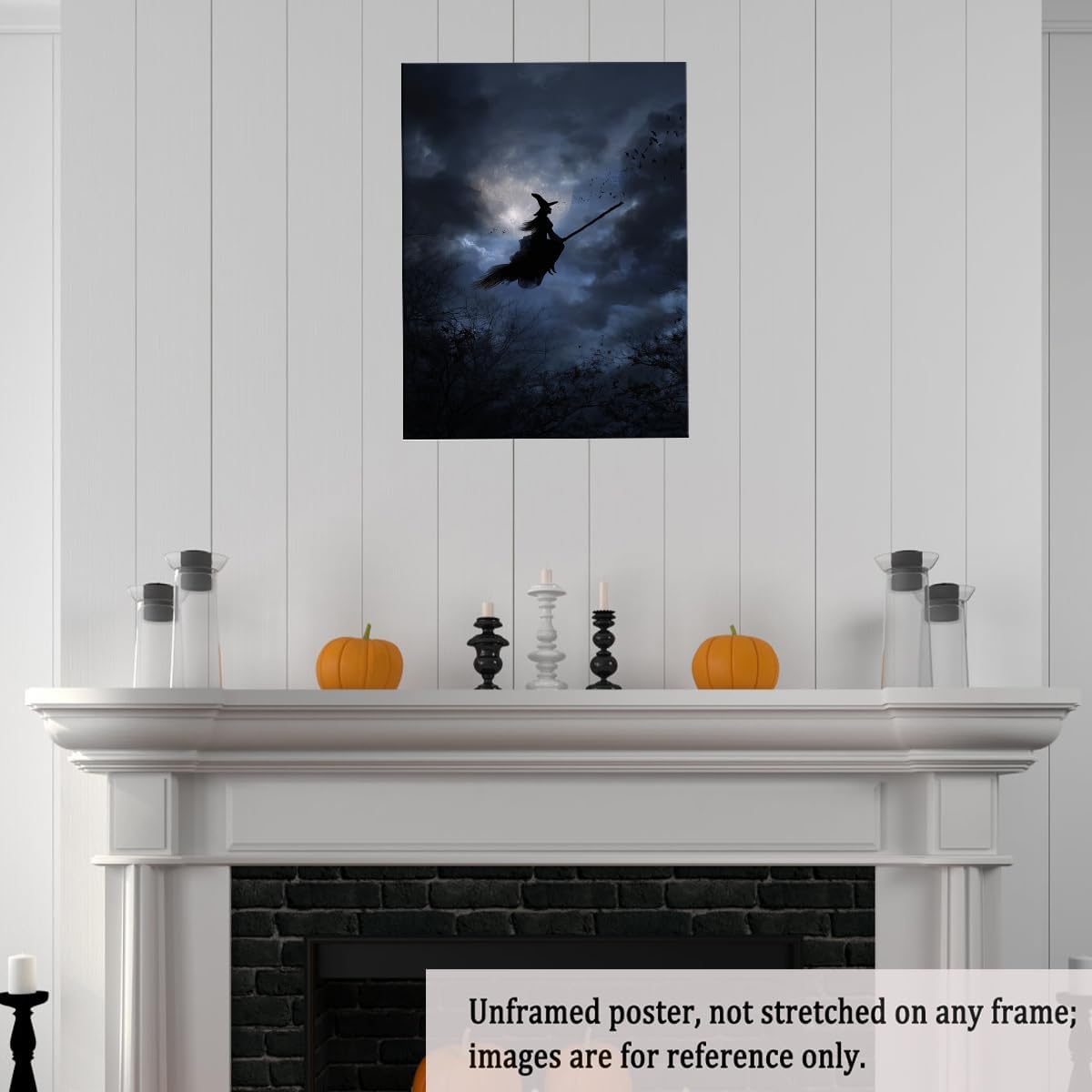 Witch Flying Across Full Moon Night Poster – Dark Halloween Canvas Print with Silhouette, Spooky Sky and Forest Trees for Gothic or Moody Room Wall Decor-12x16Inch Ready to Hang(Unframed)
