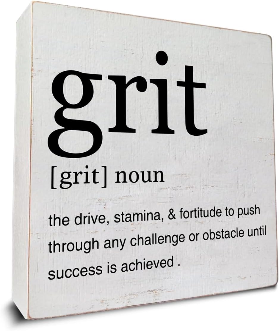 Inspirational Grit Definition Art Wooden Box Sign Grit Minimalist Desk Decorative Wooden Sign Home Office Decor for Table Shelf 5 x 5 Inches