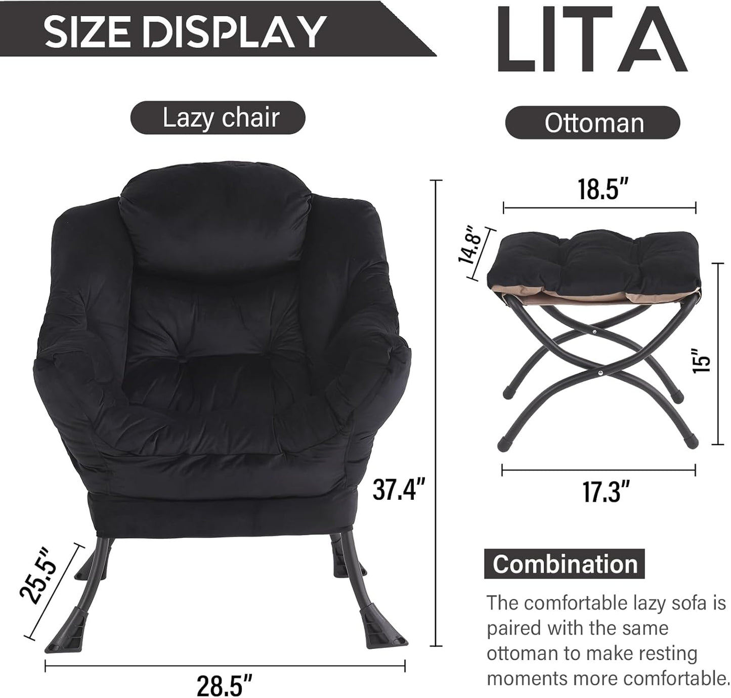 LITA Lazy Chair with Ottoman, Modern Accent Leisure Upholstered Sofa Chair, Contemporary Lounge Reading Chairs with Armrests and a Side Pocket for Living Room, Bedroom & Small Space, Black