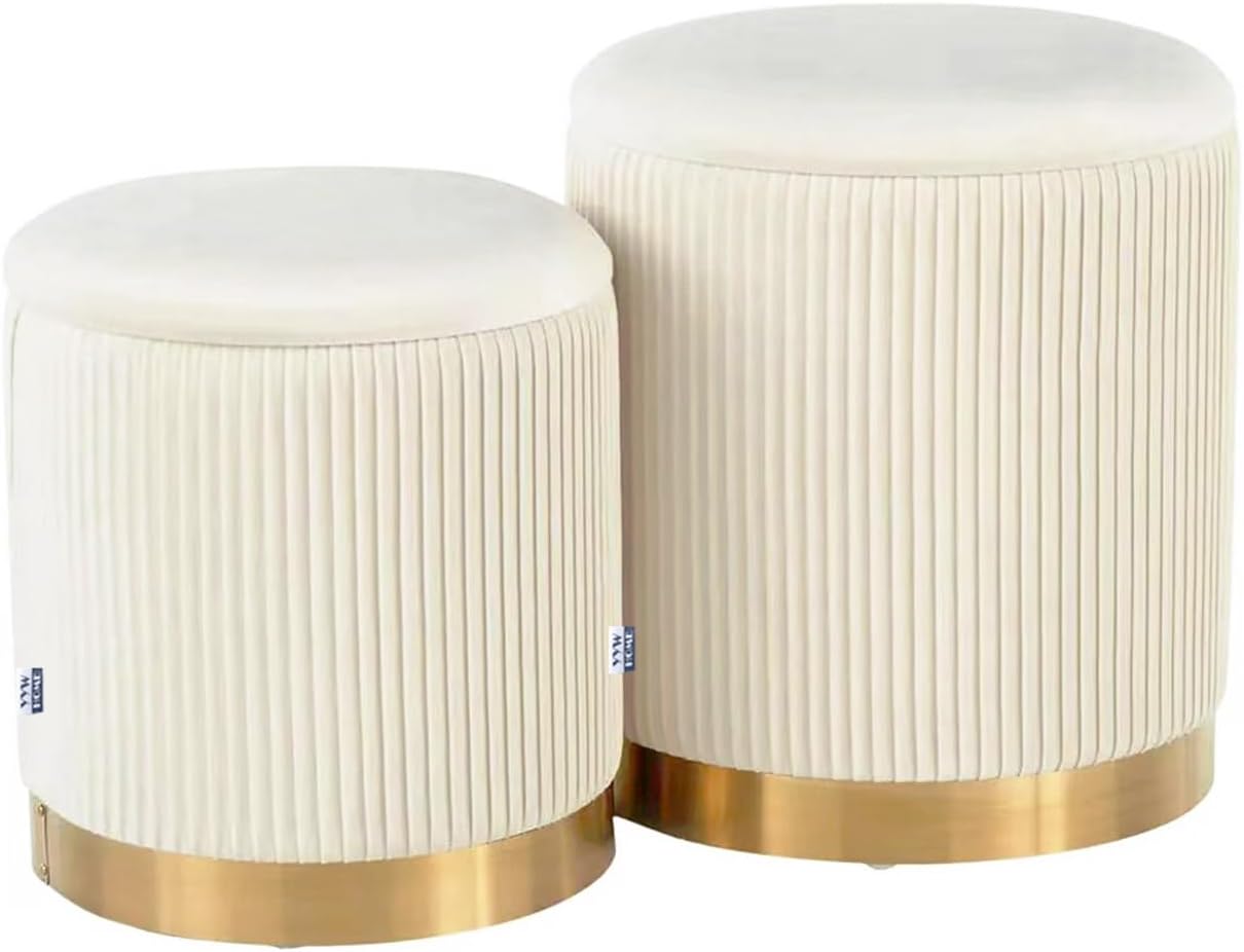 Round Ottoman with Storage Set of 2 Vanity Stool Foot Rest with Removable Lid White Velvet Storage Ottoman Stool for Living Room and Dorm
