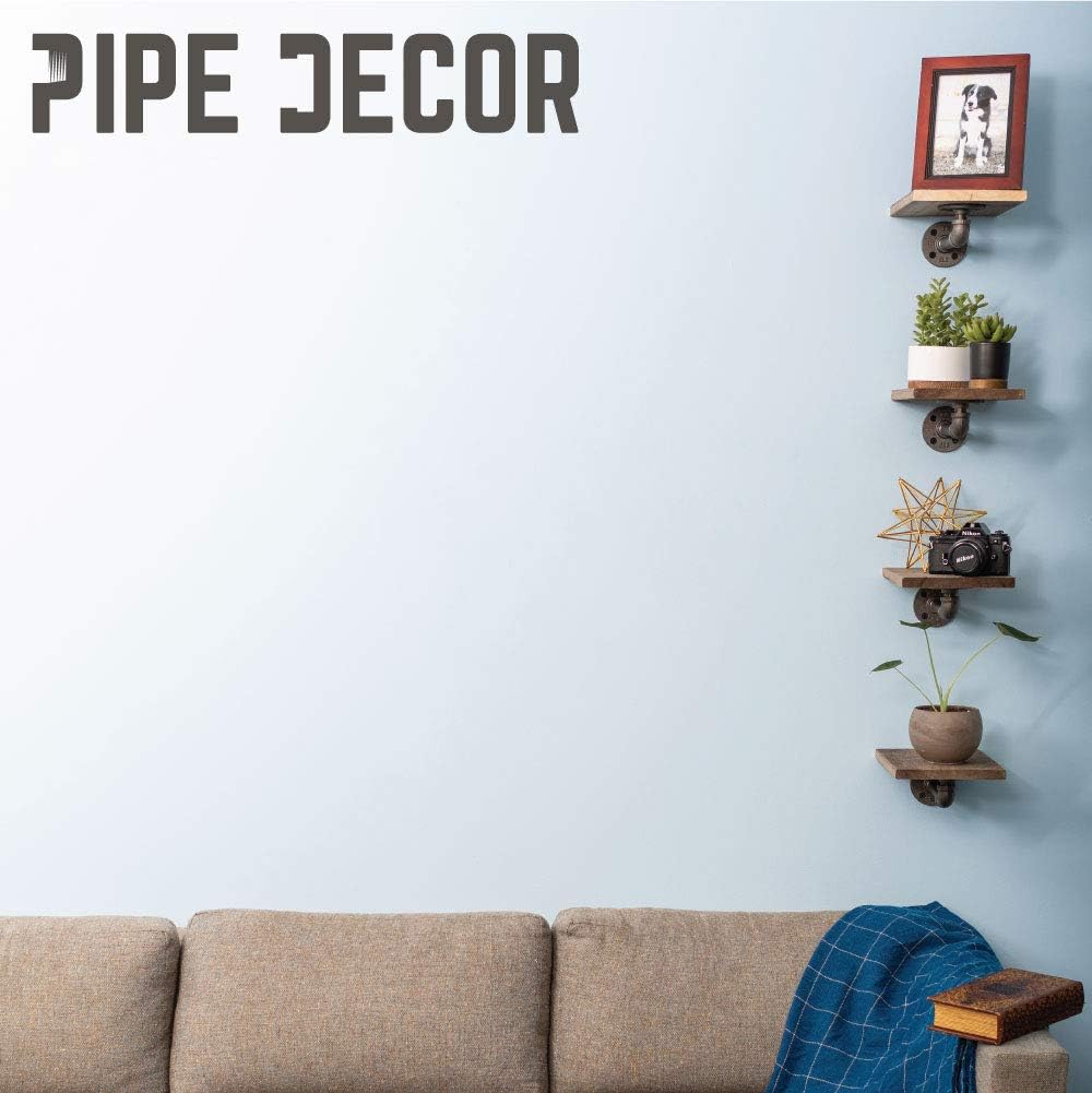 PIPE DECOR Industrial Pipe Shelf Brackets, 6 Inch, 4 Pack – Wall Mounted Double Flange Floating Shelf Hardware, Rustic Vintage-Style Shelving Support Set