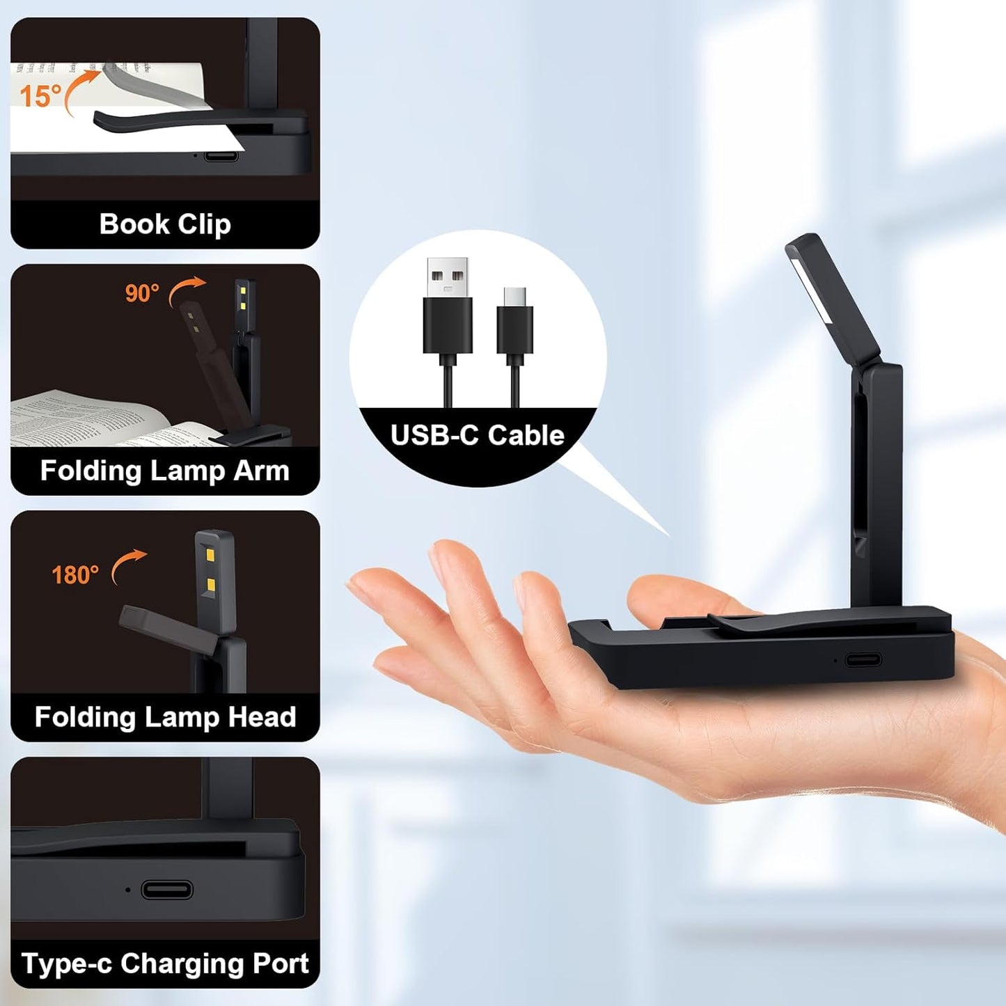 Rechargeable Book Light for Reading in Bed,Foldable & Portable Clip-On Mini Reading Light for Studying,3 Color Amber Eye Care & Stepless Dimming,80H LED Small Cordless Desk Lamp for Office,Home,Nail