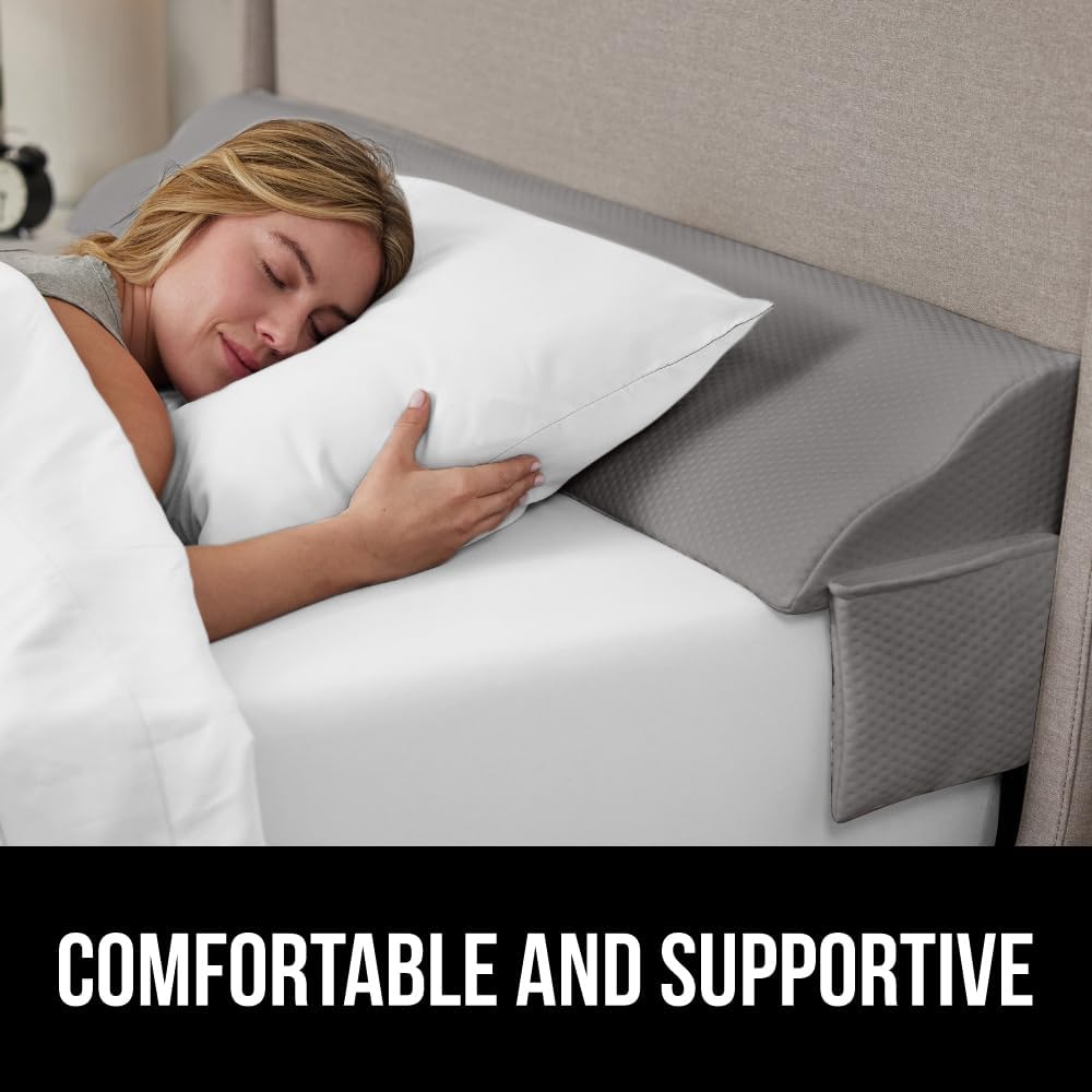 GORILLA GRIP Patented Bed Wedge Pillow for Headboard Gap, Filler Between Mattress Gaps, Comfortable Supportive High Density Cushioned Foam Pillows, Stay in Place Gripping Dots, Full Size Soft Gray