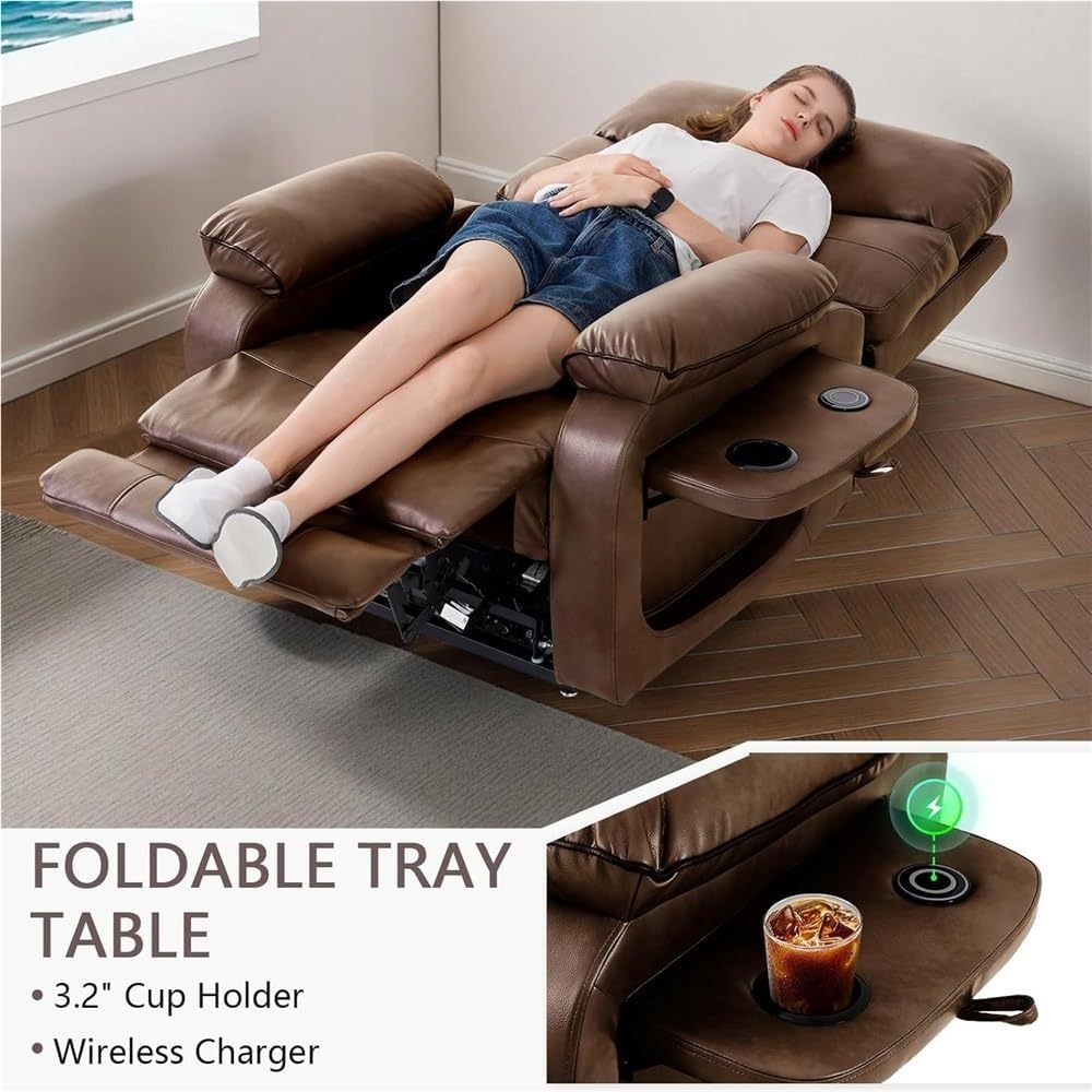 Power Recliner Chair with Heat & Massage Brown Leather Electric Lift Recliner Chair with Dual Motors Infinite Position Lay Flat Luxury Home Theater Reclining Sofa Seat
