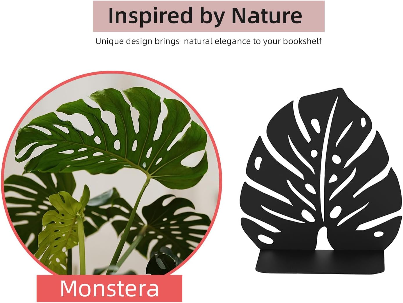 Decorative Bookends for Shelves, Sturdy Metal Book Ends for Heavy Books, Cute Monstera Design Non-Skid Book Stopper (2 Pairs, Black)