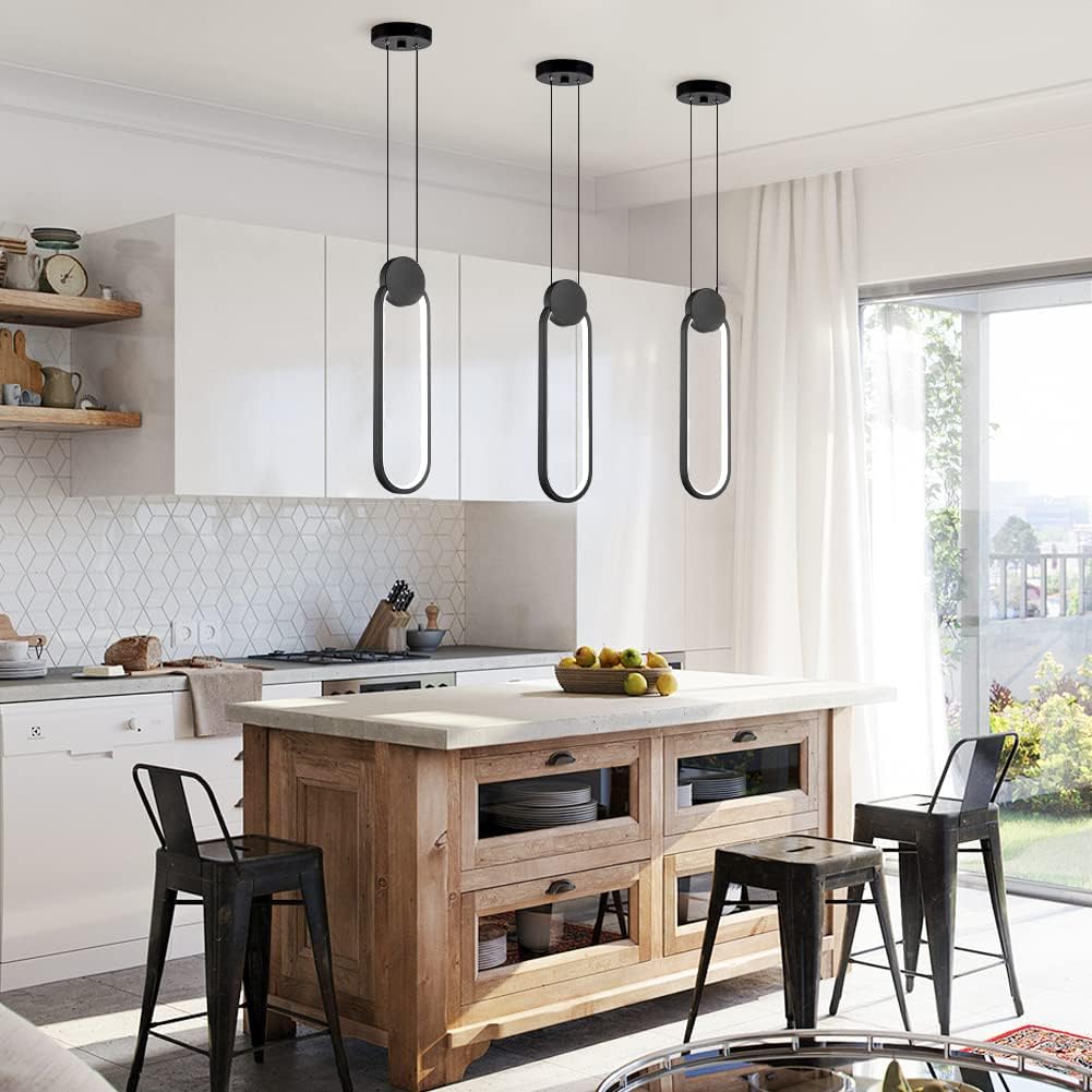 Modern Black LED Pendant Lights Fixtures, 2 Pack Minimalist Design Oval Pendant Lighting for Kitchen Island,Warm White Hanging Light for Bedroom Dining Room Bathroom 8W