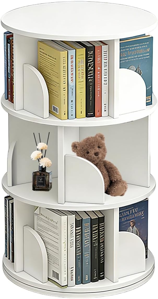 3 Tier Rotating Bookshelf, 360-Degree Swivel Revolving Tower Floor Standing Bookcase with Lazy Susan, Narrow Spinning Organizer for Small Space, Corner Storage, Study Room, Adult & Kids, White