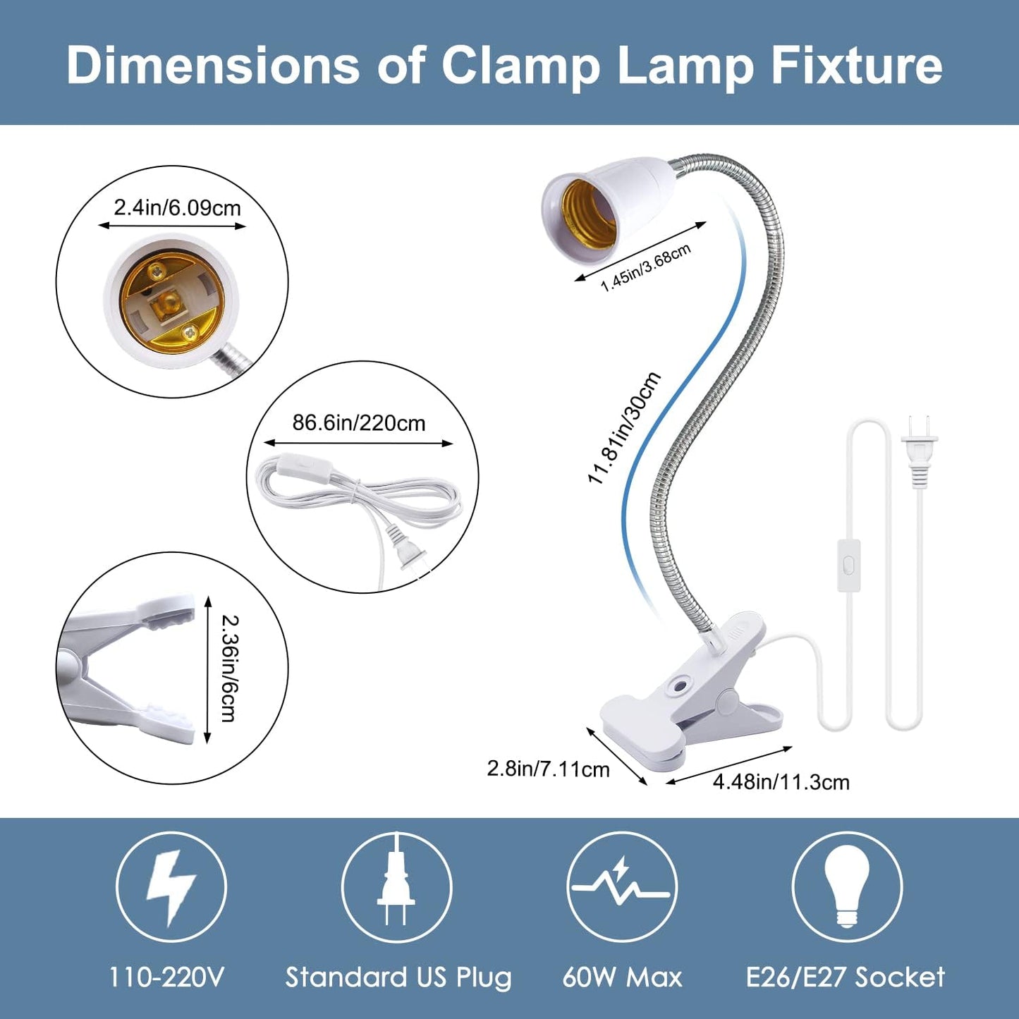 Flexible Aluminum Neck Clip Lamp Holder, 360Adjustable Socket, E26/E27 Clamp Light Fixture with 220 CM Switch and Plug Cable, Desk Lamp Holder for Study Work Read, No Bulb
