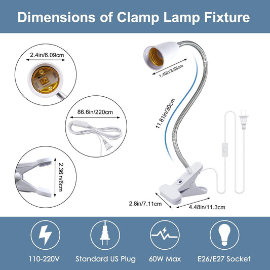 Flexible Aluminum Neck Clip Lamp Holder, 360Adjustable Socket, E26/E27 Clamp Light Fixture with 220 CM Switch and Plug Cable, Desk Lamp Holder for Study Work Read, No Bulb