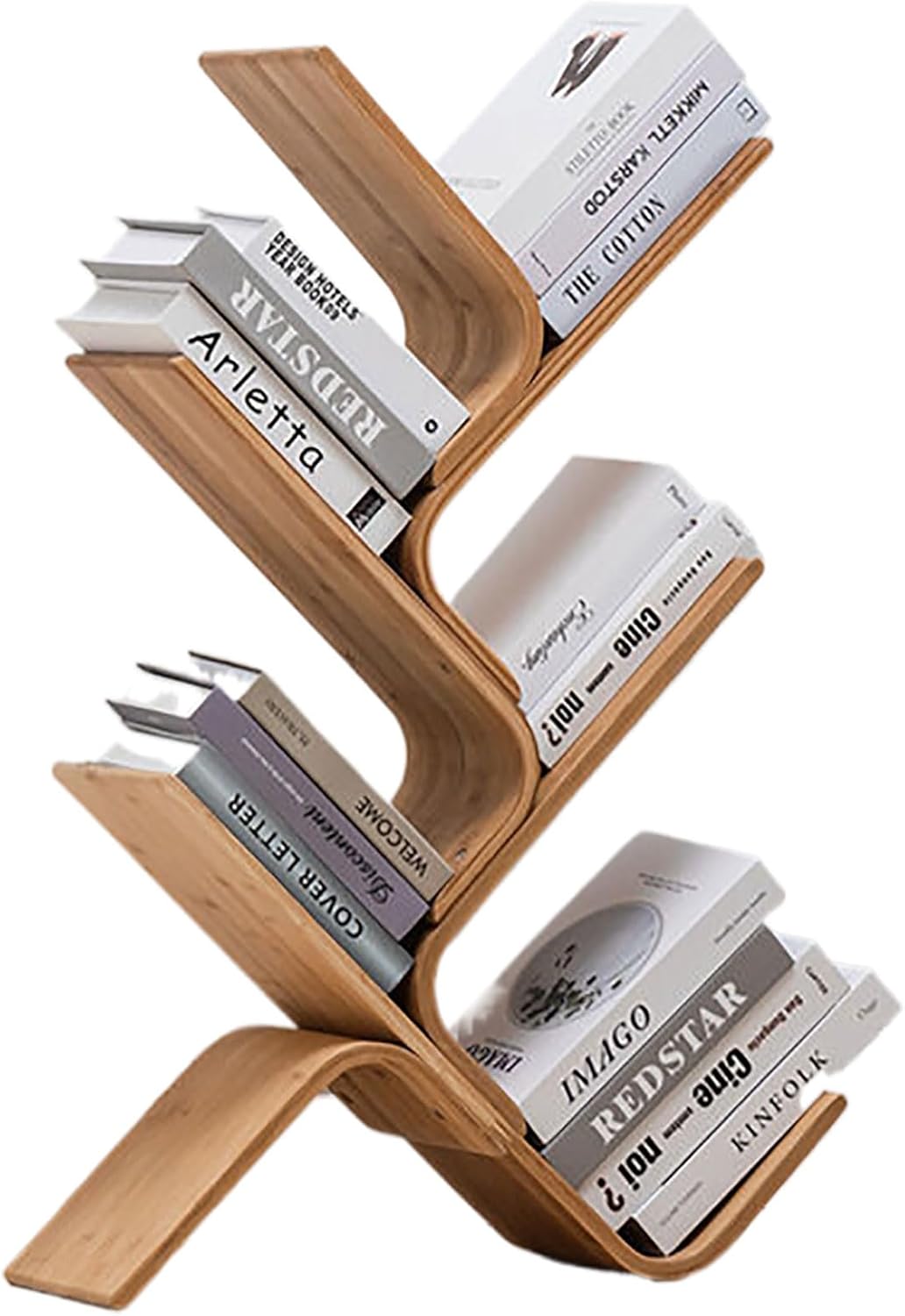 Modern 8-Tier Bamboo Bookshelf, Curved Wood Bookcase Organizer for Living Room & Bedroom, Space-Saving Book Storage Rack, Stylish Decorative Shelves, 5-Layer Design