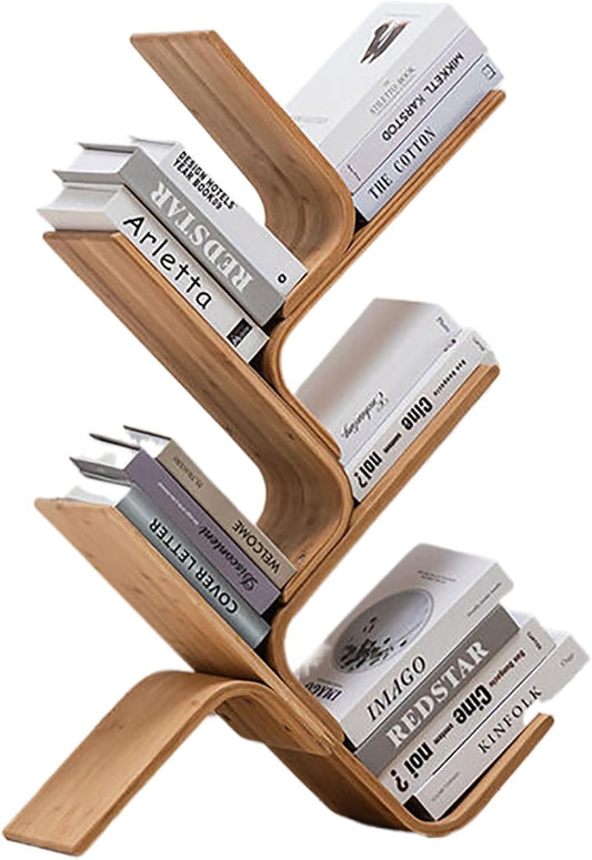 Modern 8-Tier Bamboo Bookshelf, Curved Wood Bookcase Organizer for Living Room & Bedroom, Space-Saving Book Storage Rack, Stylish Decorative Shelves, 5-Layer Design