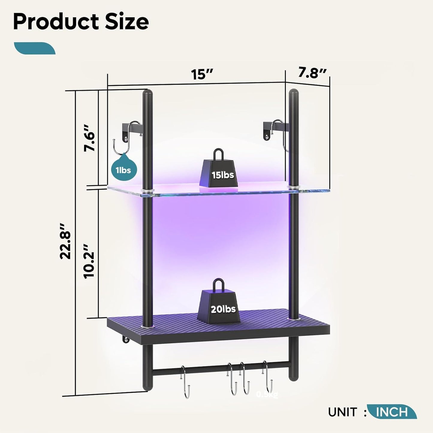 Bestier LED Gaming Floating Shelves for Wall, 15" Wall Mounted Shelf Pipe Glass Shelves, 2 Tier Hanging Display Rack with 6 S-Hooks Towel Bar, Gaming Room Decor Shelf, Carbon Fiber Black