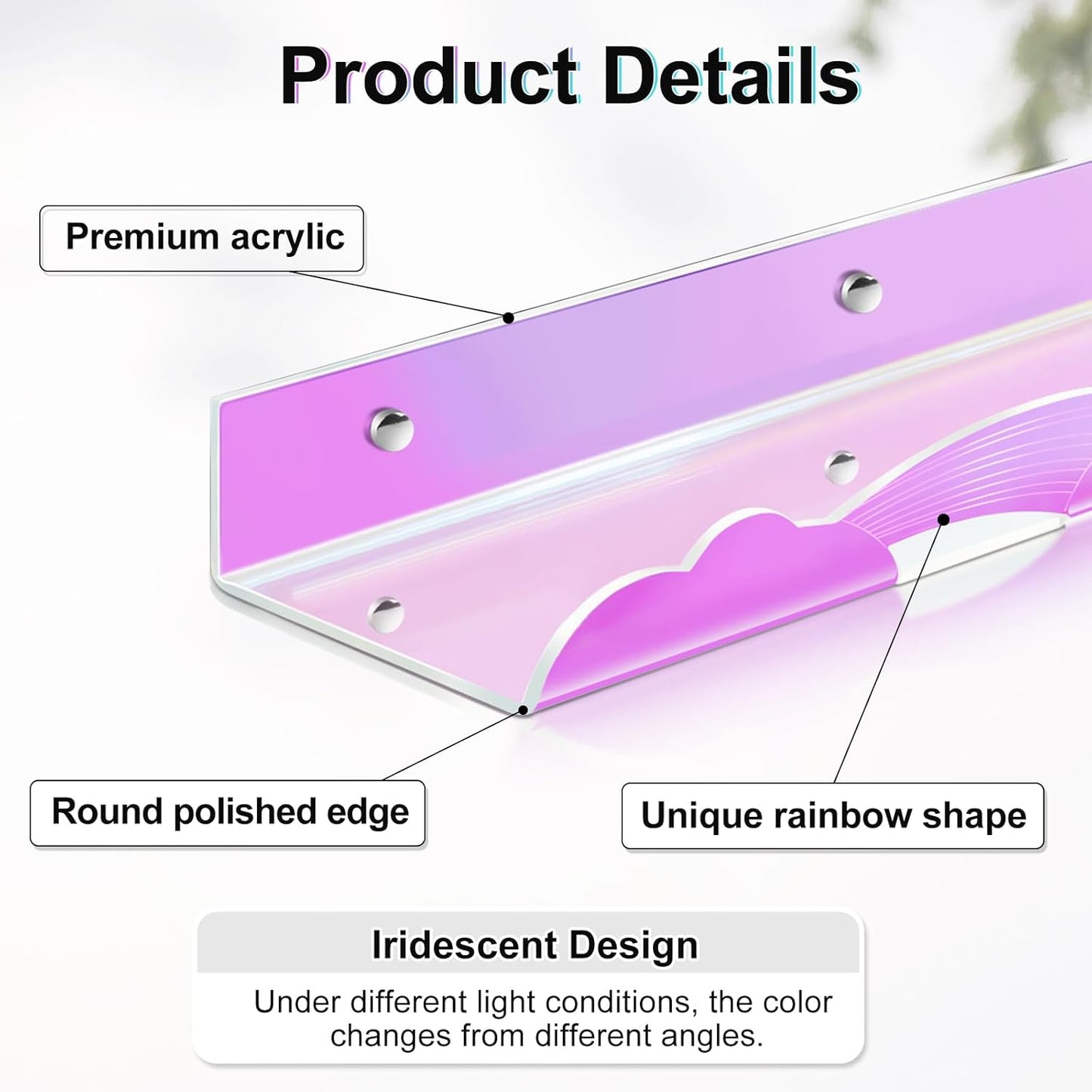 Iridescent Rainbow Acrylic Floating Shelves,15in Kids Wall Mounted Nursery Bookshelves, Display Ledge for Books Toys Cosmetic, Bathroom Bedroom Living Room Wall Decor and Storage, 4 Pack