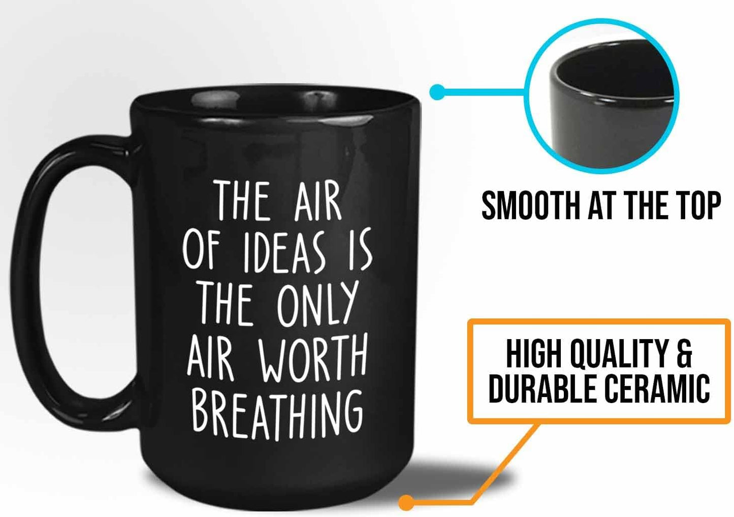 Bubble Hugs Writer Coffee Mug 15oz Black - The air of ideas is the only air worth breathing - Reading Book Lover for Bookworm Bibliophile Librarians Author Readers Bookish