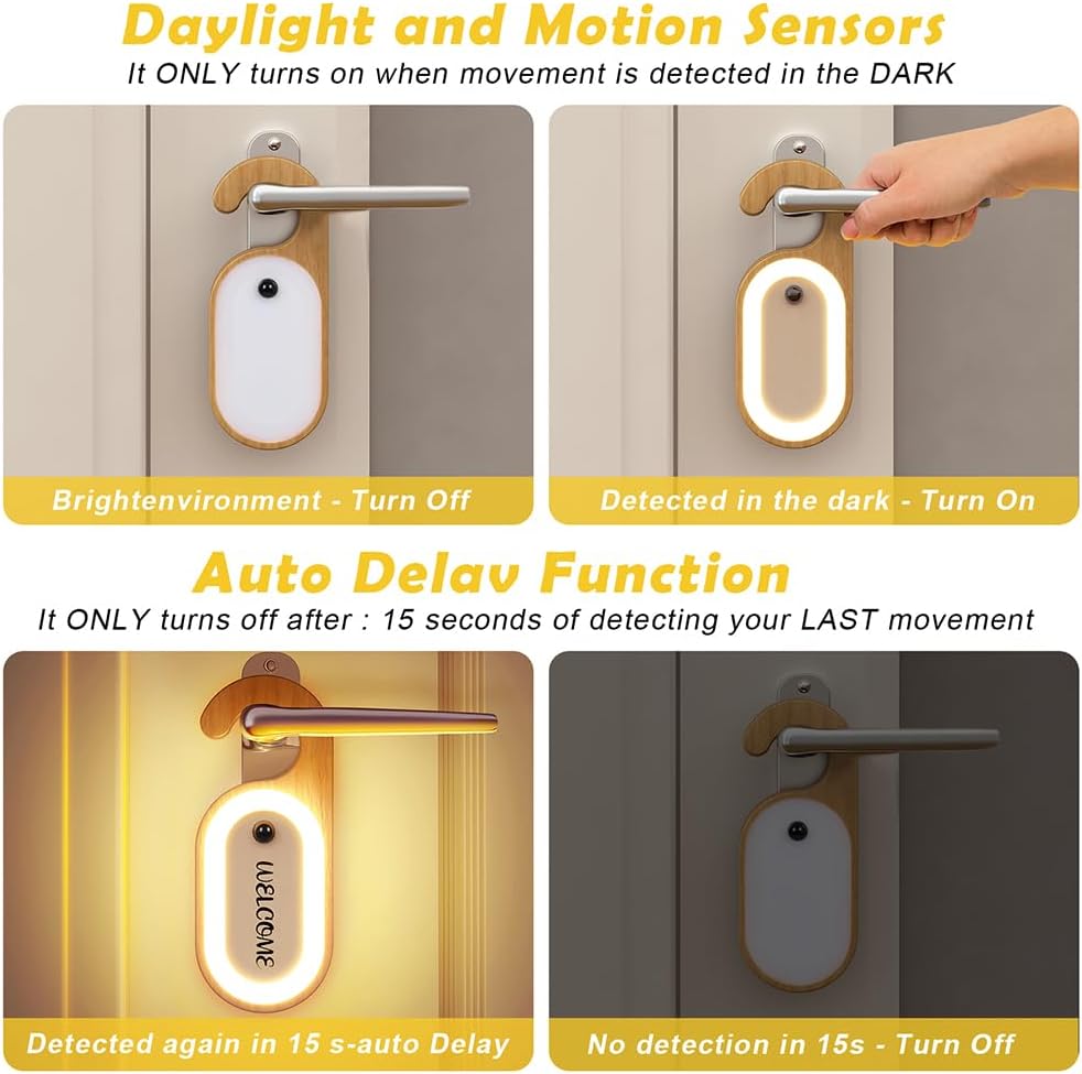 LANDGOO 1-Pack Retro Wooden Door Knob Night Light with Motion Sensor & Message Board, Rechargeable Wall Mount Lamp with Hook, Hotel Style LED Light for Bedroom Bathroom Hallway