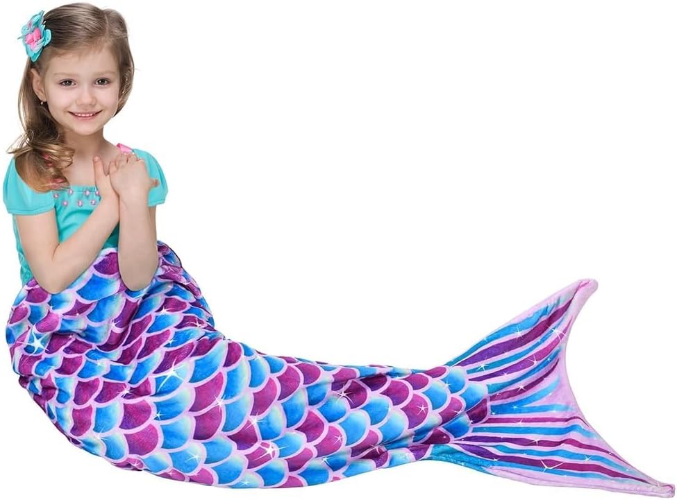 WERNNSAI Mermaid Tail Blanket – Plush Flannel Mermaid-Shaped Throw Blanket for Girls & Teens, Soft Cozy All-Season Blanket for Sofa, Bed & Travel, 55" x 24" (Blue)
