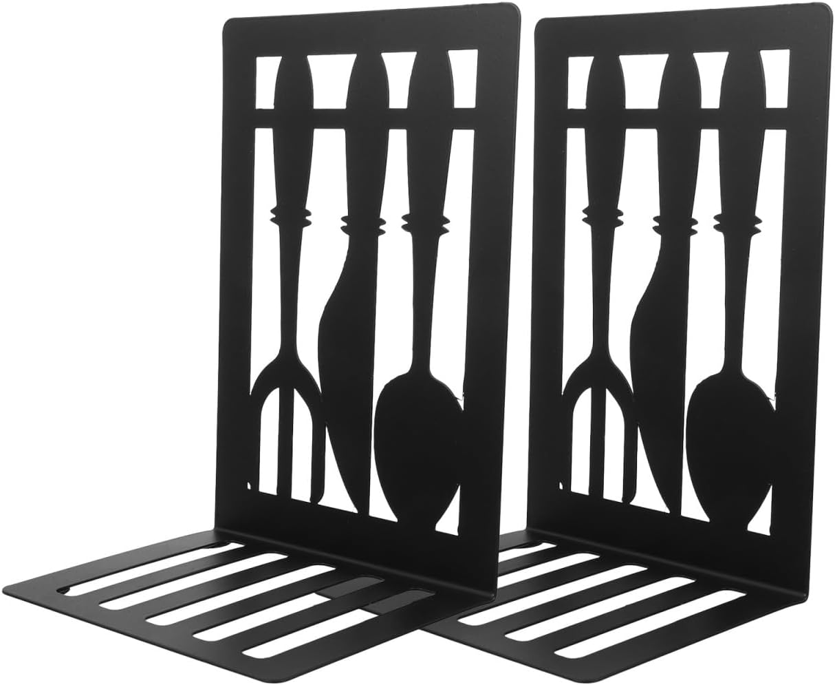 TEHAUX Decorative Metal Bookends with Cutlery Design 1 Pair Book Holder for Kitchen Cookbooks and Shelves Creative Book Organizer for Home Office and Study 6.77X4.72X3.54In