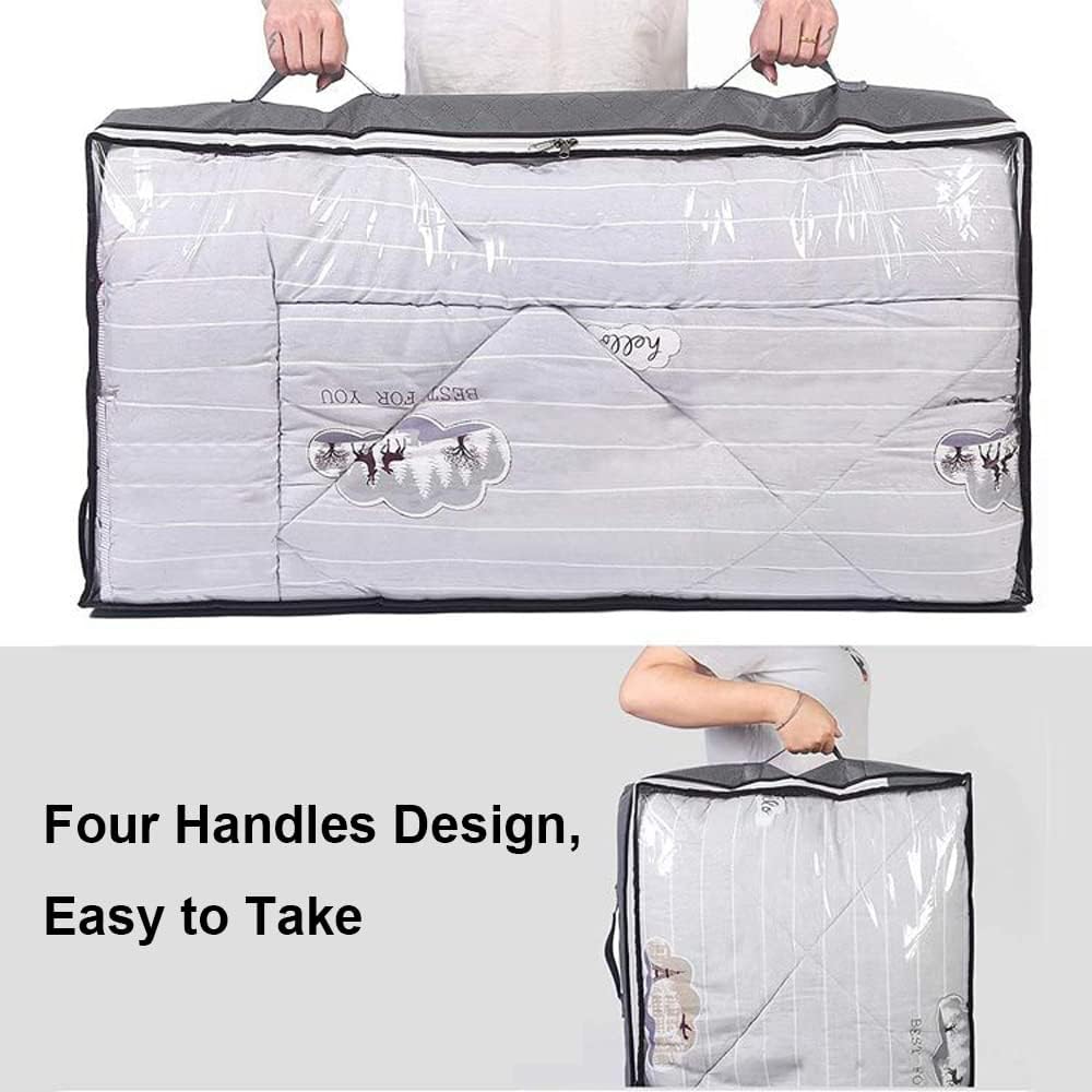Under Bed Storage Containers, 4-Pack Large Underbed Storage Bags Organizer, Thick Fabric Storage Bins with Clear Window and Handles for Blanket, Comforter, Bedding, Clothes, Black