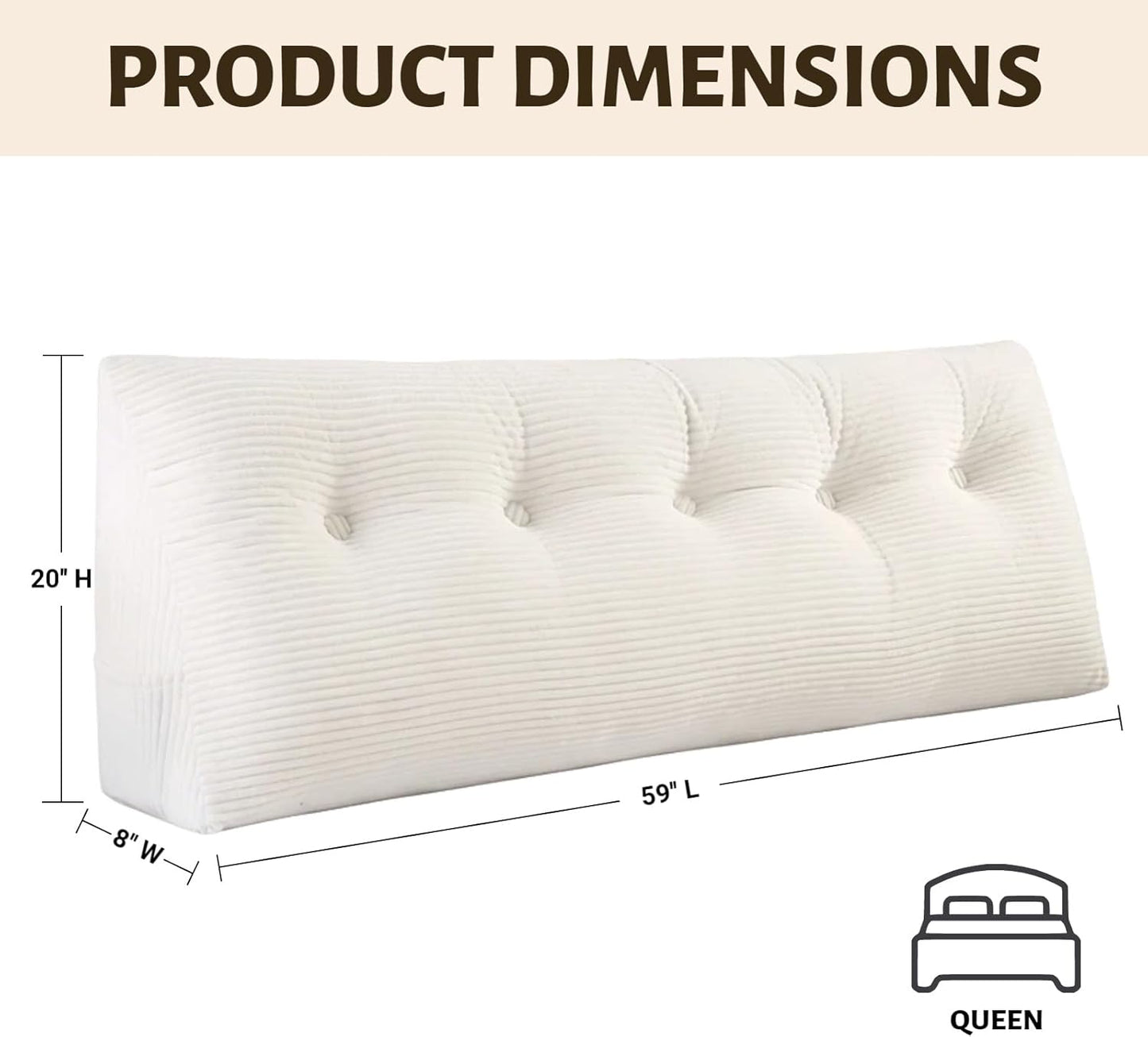 Wedge Reading Pillow Headboard Queen Size, Headboard Bolster Pillow for Bed, Triangular Backrest Cushion with Removable Corduroy Cover, White