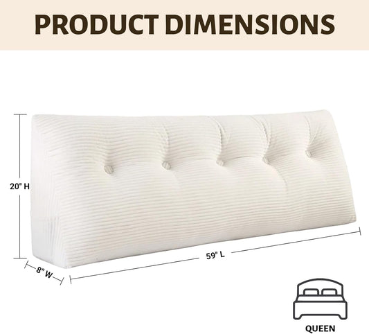 Wedge Reading Pillow Headboard Queen Size, Headboard Bolster Pillow for Bed, Triangular Backrest Cushion with Removable Corduroy Cover, White