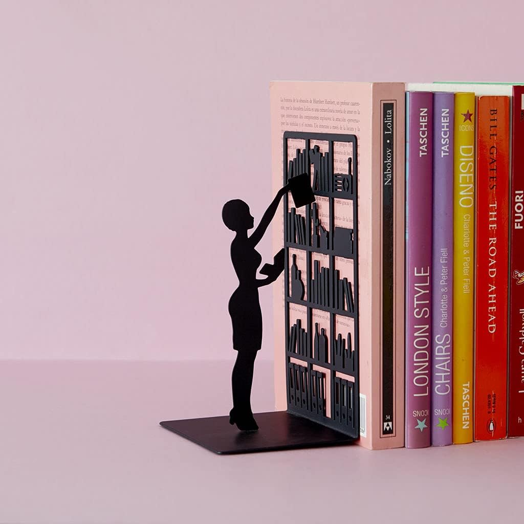 Balvi The Library Metal Bookend – Decorative and Functional Book Holder for Home and Office – Sturdy Black Design with Anti-Slip Bumpers – Ideal Gift for Book Lovers – Sujetalibros
