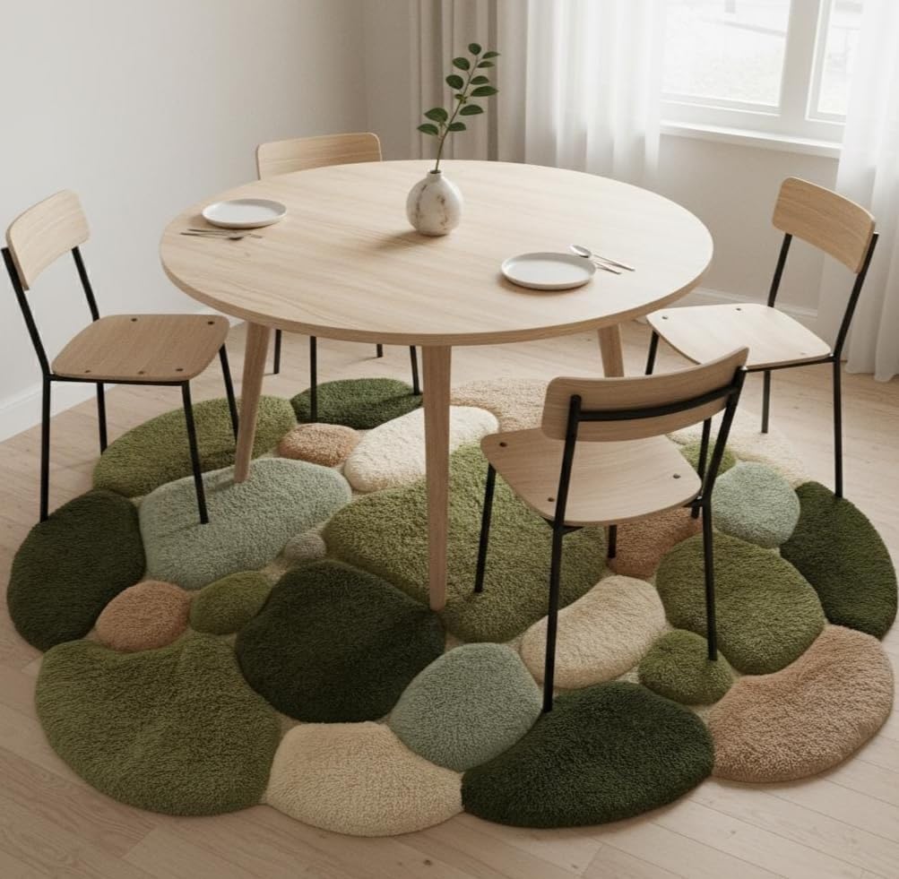 3D Pebble Stone Area Rug, Green Beige and Blush, Fluffy Tufted, Irregular Shape, Living Room Decor (Green with Olive Green, 10' x 14' Feet)