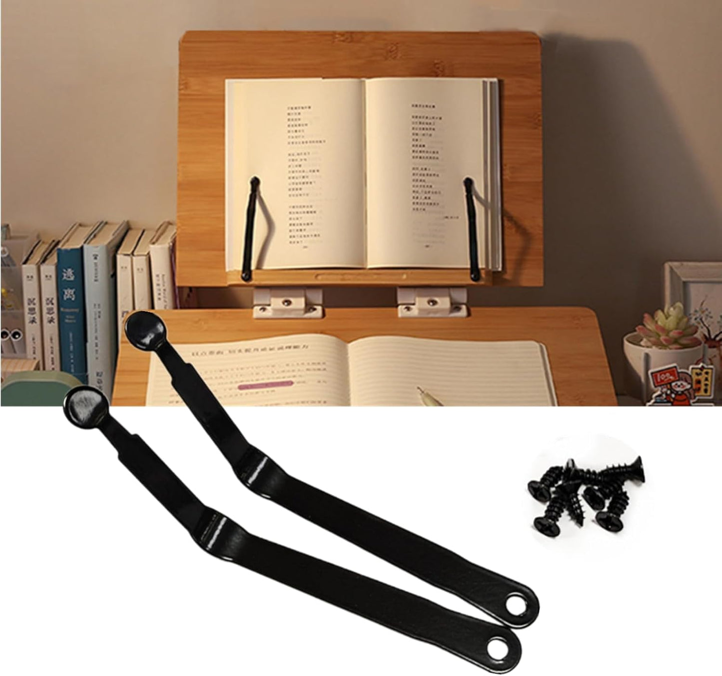 6 Pack Book Stand with Torsion Spring and Screws - Bamboo Tray Cookbook Music Book Frame Rest for Desktop