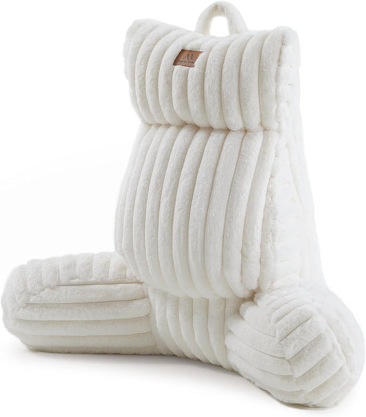Amélie Home Faux Fur Reading Pillow with Pocket for Sitting in Bed, Adult Backrest Bed Pillow with Washable Cover for Lounging, Watching TV/Gaming/Resting/Post/Surgery/Nursing, Ivory, 29 inches
