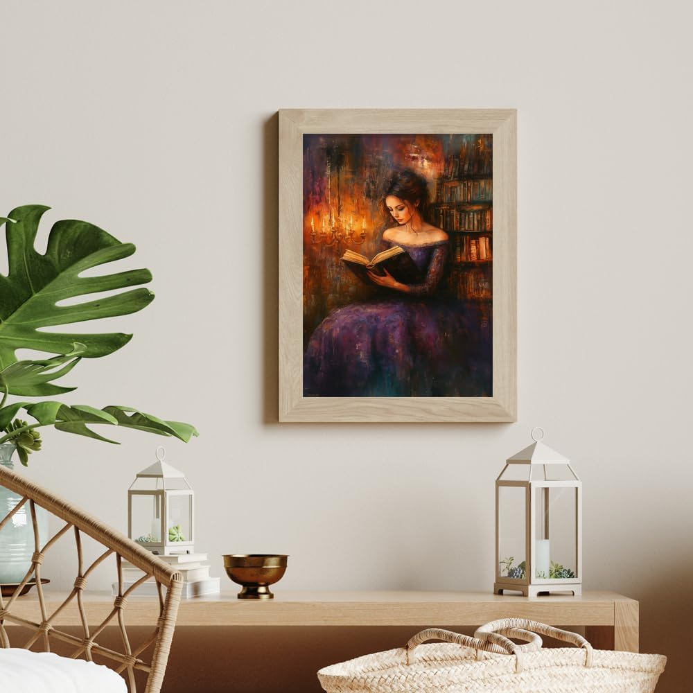 Victorian Woman Reading in Candlelit Library Dark Academia Wall Art posters Print,Vintage Dark Academia Aesthetic moody wall art Reading Nook book room wall decor 08x10in Unframed